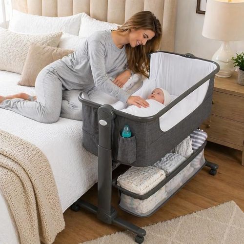 KoolerThings Baby Bassinet, Bedside Sleeper for Baby, Easy Folding Portable Crib with Storage Basket for Newborn, Bedside Bassinet, Comfy Mattress/Travel Bag Included (Bassinet) (Grey)