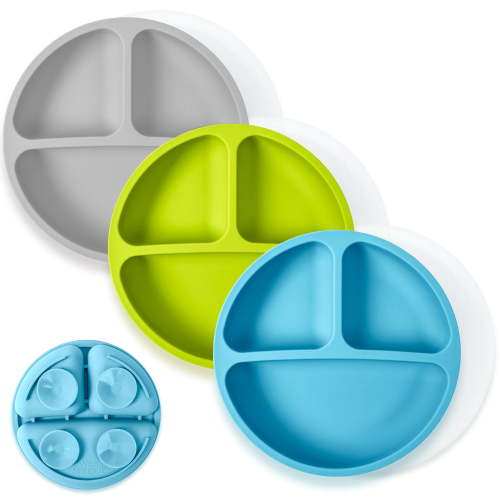 WeeSprout Silicone Baby Plates with Suction Bottom, Divided Design, 3-Pack, Lids Included