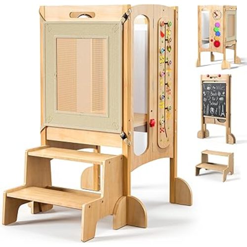 FlyingBoom Toddler Standing Tower, Foldable Kitchen Stool Helper with 2 Step Stool, Toddler Tower for Kids with Safety Net, Adjustable Height, Chalk-Whiteboard &Montessori Activity Games