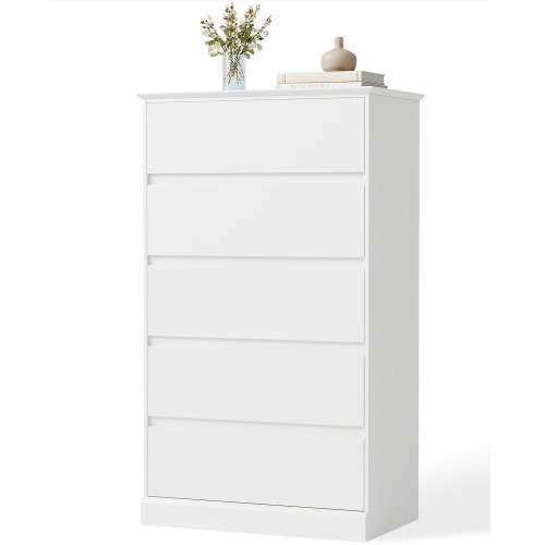 White Dresser for Bedroom with 5 Drawers, Tall Wood Drawer Dresser & Chest of Drawers for Closet, Living Room Hallway Kids Bedroom