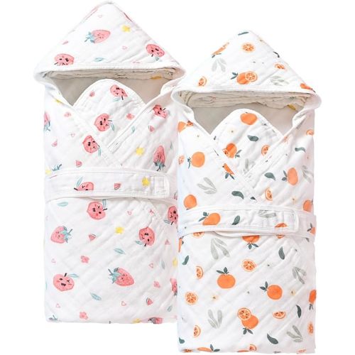 2 Pack Hooded Baby Bath Towels,Large 32"x 32",Cotton Baby Bath Towel with Hood for Infant Toddler and Kids, Soft and Absorbent,Unisex Baby Bath Essentials. (Strawberries/Oranges)
