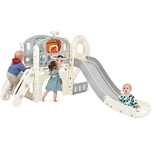 Merax 7-in-1 Kids Slide with Climber, Basketball Hoop, Tunnel, Telescope and Storage Space, Outdoor Indoor Slide for Toddlers Age 1+