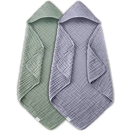 MOON PARK 2 Pack Muslin Hooded Baby Bath Towels for Newborns, Infants, Toddlers - 100% Cotton - Large 32x32Inch Size - Highly Absorbent and Essential, Green and Grey