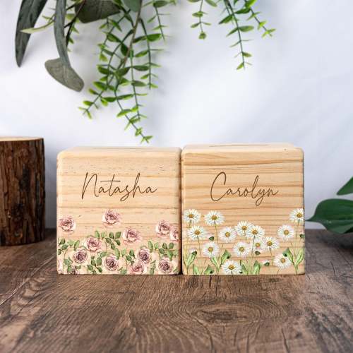 Personalized Birth Flower Piggy Bank for Baby Girl, Easter Gifts for Kid, Wildflower Coin Bank, Wooden Money Box with Name, Birthday Gift