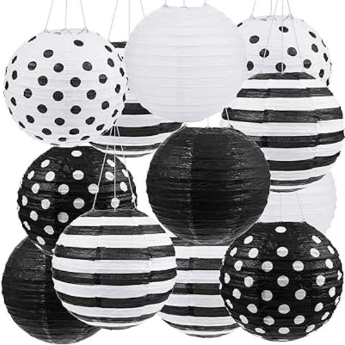 Treela Back to School 8" White Black Paper Lanterns Decorative Round Hanging Paper Lanterns Chinese Japanese Striped Polka Dots Black and White Office Decor for Birthday Party(12 Pack)