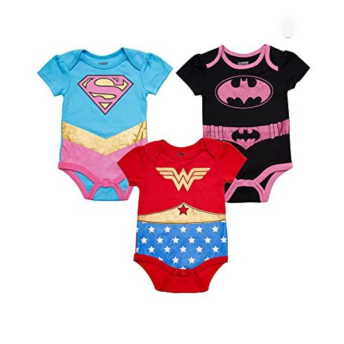 DC Comics Justice League Baby Girls Bodysuit 3-Pack - Baby Girl Clothes (Blue/Red/Black, 3-6M)