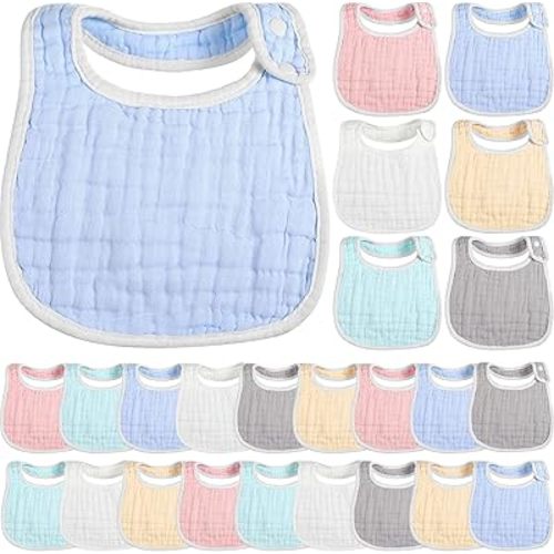 Yahenda 24 Pcs Muslin Baby Bibs Baby Drool Bibs for Unisex Boys Girls Soft Cotton Drooling 8 Absorbent Layer Bibs Adjustable with Easy Snaps for Teething Baby, Baby Girl, Boy, Newborn Infant Bibs