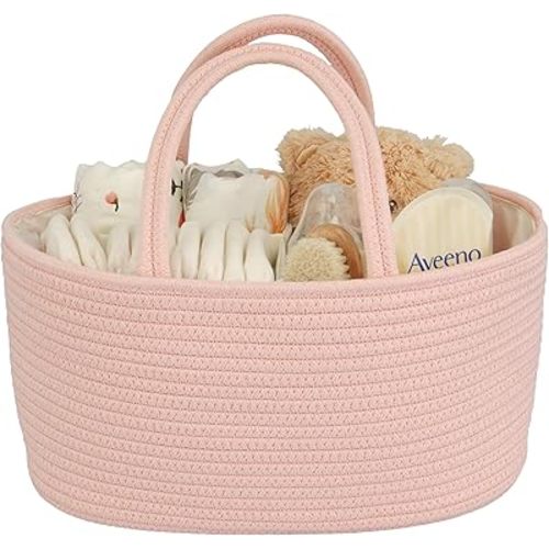 Diaper Caddy Organizer Cotton Rope Baby Basket Nursery Storage and Portable Tote Bag for Car Ideal Baby Shower Gifts and Registry Must-Have for Newborn Essentials coral pink