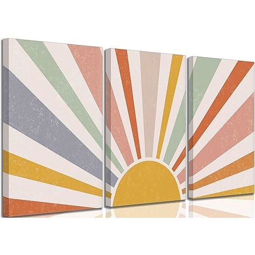 3 Pieces Nursery Boho Canvas Wall Art Rainbow Sun Rising on the Horizon Geometric Nature Illustration Line Pictures Wall Decor Posters Prints for Toddler Kids Room Home Decoration