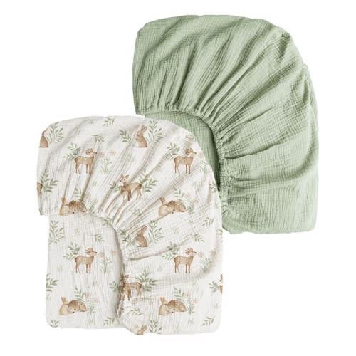 Konssy Muslin Crib Sheets 2 PCS, 100% Cotton Baby Crib Sheets for Standard Crib Mattress (28"x 52"), Soft and Breathable for Boys, Girls (Woodland,Sage)