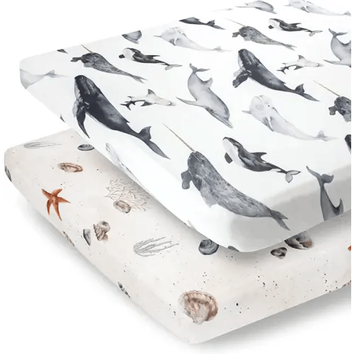 2 Pack Premium Pack N Play Sheets Fitted for Standard Pack and Plays and Mini Cribs - Ultra-Soft Jersey Knit, Stylish Ocean Pattern, Safe and Snug for Baby (Seaside)