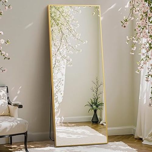 DUMOS Full Length Mirror with Stand 64"x21" Floor Standing Aluminum Frame for Bedroom Body Hanging Leaning Modern Simple Home Decor Shatter-proorf Nano Glass Wall Living Room Cloakroom Gold