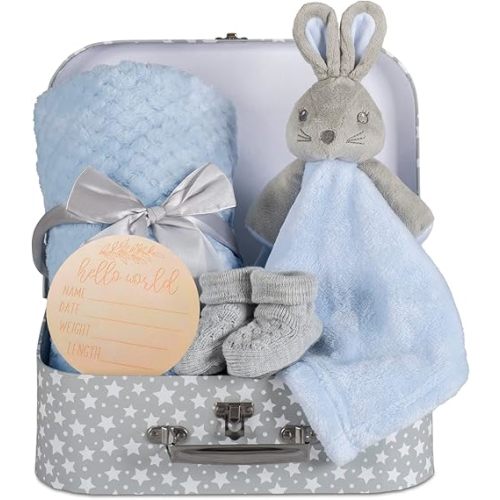 Baby Boy Gift Set New Born Baby Gifts Baby Blue Bunny Security Blanket Soft Fleece, Suitcase Keepsake Box Blanket Booties & Baby Gift Basket – Unique Present for Baby Shower & Newborn Lovey Welcome
