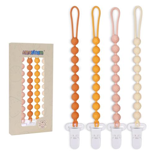 One Piece Design Silicone Pacifier Clip Holder,Pack of 4 Flexible Paci Leash,Binky Clips with Textures for Baby Boys and Girls,Newborn Essential (Yellow)