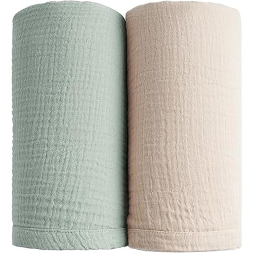 Konssy 2 Pack Muslin Swaddle Blankets for Baby Boys Girls, Receiving Blanket Large 47 x 47 inches, Soft Breathable Muslin Baby Blanket for Unisex Newborn(Green, Cream)