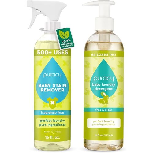 Puracy Stain Remover for Baby Clothes and Cloth Diapers, Newborn Baby Essentials Must Haves - Liquid Baby Laundry Detergent, 1,4 Dioxane Free, Natural, Scent-Free Gentle (Free & Clear, 16oz, 2-Pack)