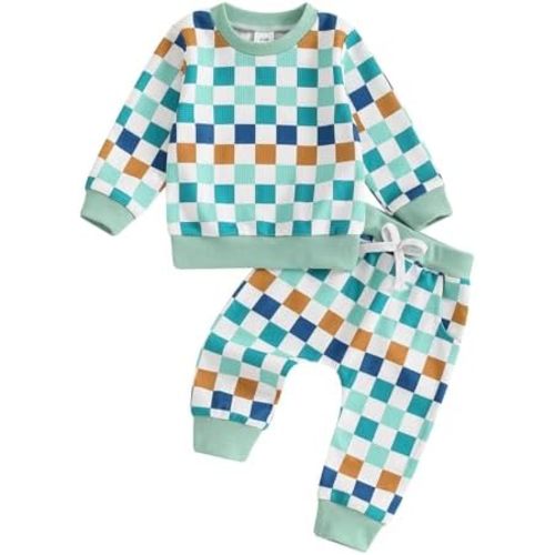 Karwuiio Toddler Baby Boy Girl Clothes Checkerboard Print Long Sleeve Sweatshirt Tops and Pants Fall Clothing Set