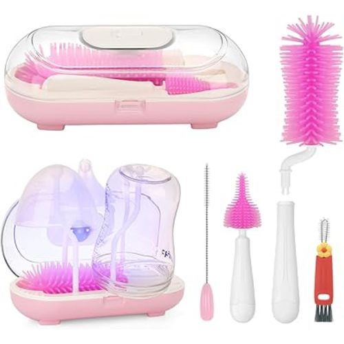 Baby Bottle Brush, Maypott Portable Silicone Baby Bottle Brush Cleaner for Travel, Bottle Cleaner Set with Bottle Drying Rack, Cup Lid Gap Cleaning Brush Washer Set Baby Travel Essentials (Purple)