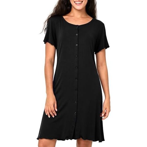 BAMBOO COOL Nightgowns for Women Button Down Short Sleeve Sleep Shirt Crew Neck Nightshirt Soft Pajama Dress Casual Sleepwear