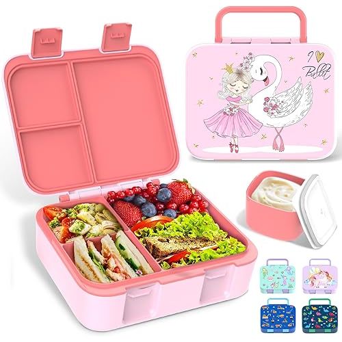 Kids Lunch Box, Leakproof Bento Lunch Box with Multi-Compartments & Sauce Jar, Portable Snack Box Mermaid Gift for Kids Adults Work School, Pink Ballerina