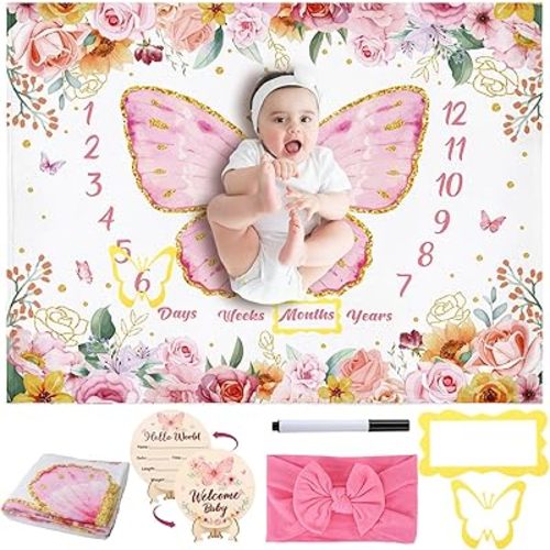 Butterfly Milestone Blanket for Baby Girls, Floral Monthly Baby Growth Blanket Newborn Photography Background with Wooden Signs, Frames, Bow Headband,Pink