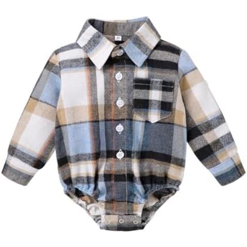 HAPPYMA Newborn Baby Boy Girls Plaid Outfit Flannel Romper Tops Infant Long Sleeve Button Down Plaid Casual Bodysuit Clothes