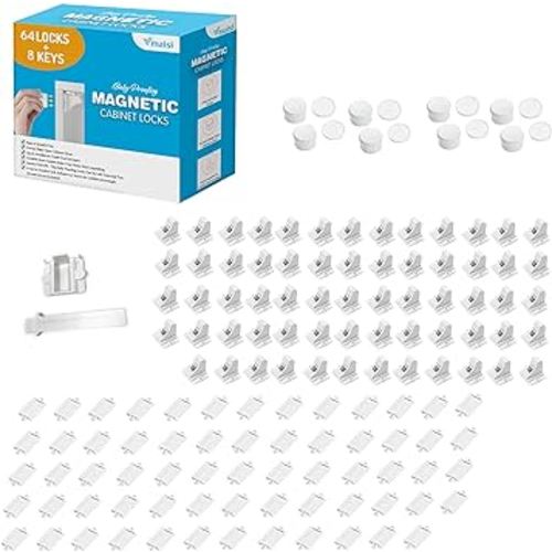 Vmaisi Adhesive Magnetic Locks for Cabinets & Drawers (64 Locks and 8 Keys)
