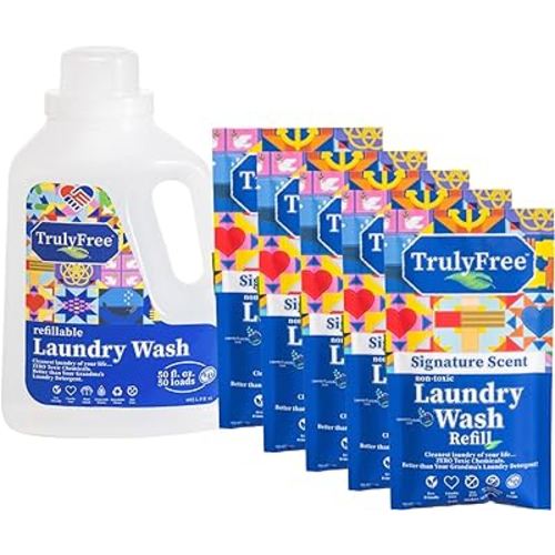Truly Free Laundry Detergent for Sensitive Skin | Gentle & Safe for Baby Clothes | Plant-Based | 5 Pack Refill Powder| Easy to Dissolve to Create a Liquid| Signature Scent (250 Loads)