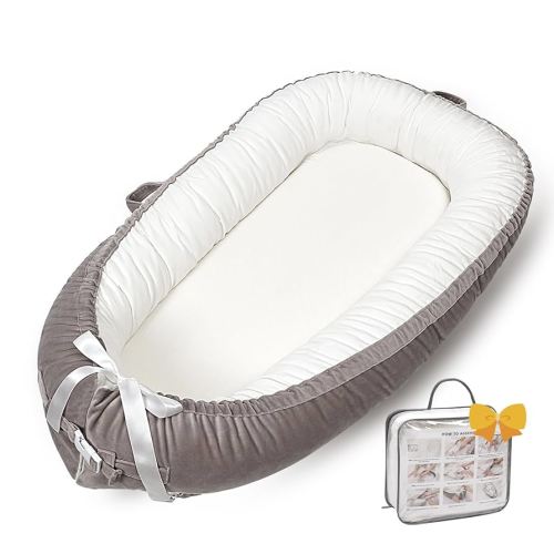 Baby Lounger-Breathable and Soft Organic 100% Cotton Baby Lounger, Portable Infant Lounger with Removable Lounger Cover, Baby Nest Lounger for Newborn 0-24 Months-Grey White
