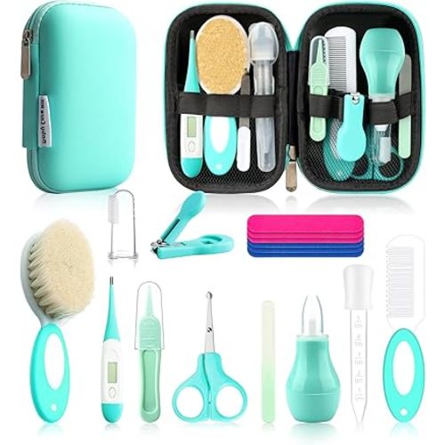 Baby Healthcare and Grooming Kit, Baby Safety Set Newborn Nursery Health Care Set with Hair Brush Scale Measuring Spoon Nail Clippers (17pcs, Green)