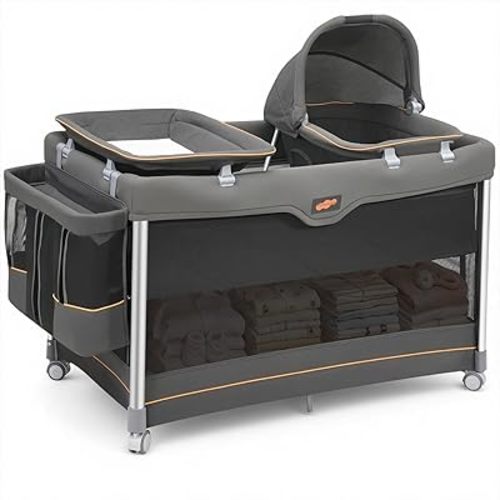 Pamo Babe 6-in-1 Pack and Play with Bassinet, Deluxe One-Step Setup Baby Bassinet with Changing Table, Sleeper Nest, Storage Bag, 4 Wheels Portable Crib Travel Playpen for Baby and Toddler (Gery)