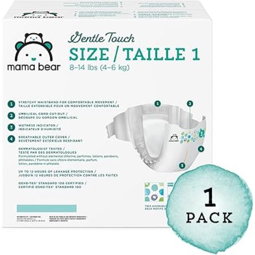 Amazon Brand - Mama Bear Gentle Touch Diapers, Hypoallergenic, Size 1, 196 Count (4 packs of 49), White