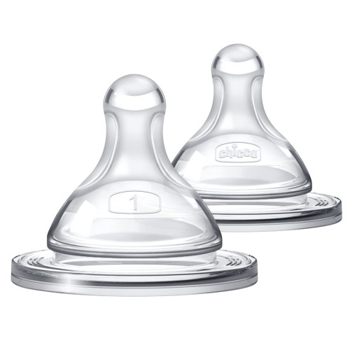 Chicco Duo 100% Silicone Intui-Latch Baby Bottle Nipple with Anti-Colic Valve, Skin-Like Texture and Breast-Like Flow, Stage 1 - Slow Flow, 2pk, 0+ Months - Clear, New