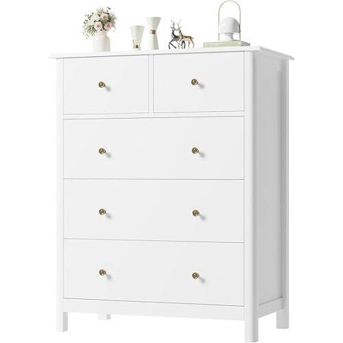 HOUSUIT White Dresser with 5 Drawers, Tall Dresser Chest of Drawers, 5 Drawer Dresser with Deep Space, Wood Dresser Storage Cabinet for Living Room, Hallway, Office, White
