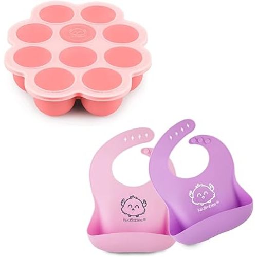 KeaBabies Silicone Baby Food Freezer Tray with Clip-on Lid and 2-Pack Baby Silicone Bibs - Breast Milk Trays for Freezer - Waterproof, Easy Wipe Silicone Bib for Babies, Toddlers
