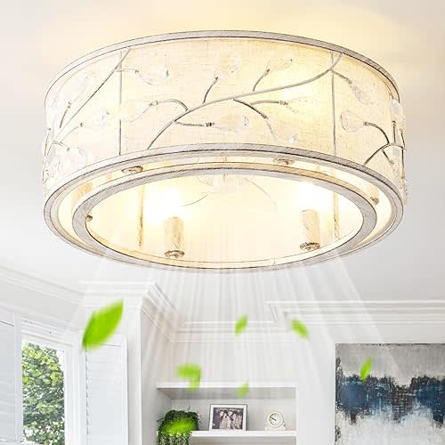 20" White Crystal Ceiling Fan with Light, Flush Mount Ceiling Fans with Lights Remote Control, Caged Enclosed with 6 Speeds for Bedroom, Living Room, Nursery