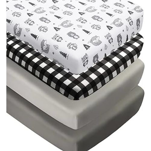 4 Pack Woodland Forest Animals Wood Neutral Unisex Fitted Baby Crib Sheets Set for Baby Boys or Girls Black and White