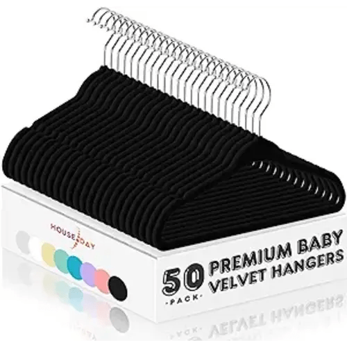 HOUSE DAY Velvet Baby Hangers 50 Pack, Premium Children's Hangers for Baby, Infant & Toddler Clothes, Durable Non Slip Baby Felt Hangers Black, 11 Inch Baby Hangers for Closet, Ideal for Everyday Use