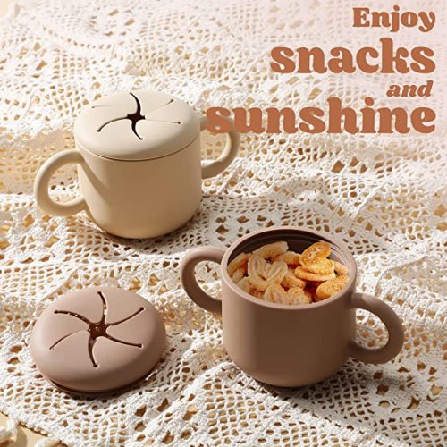 Potchen Silicone Snack Cup Toddlers Sippy Cup Snack Containers with Double Handles Removable Lid for Toddler Baby Infants Training Cup for 6 Month+ (Walnut, Beige, 2 Pack)