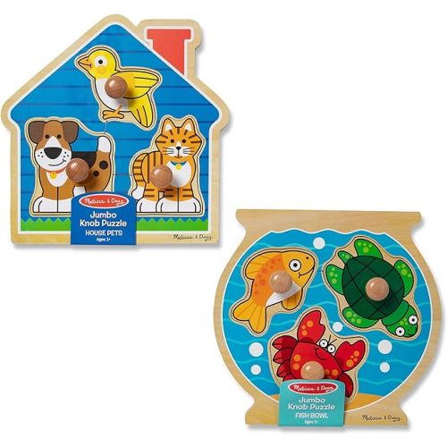 Melissa & Doug Animals Jumbo Knob Wooden Puzzles Set - Fish and Pets - Chunky Wooden Puzzles for Toddlers, Animal Puzzles For Kids Ages 1+ - Fish & Pets