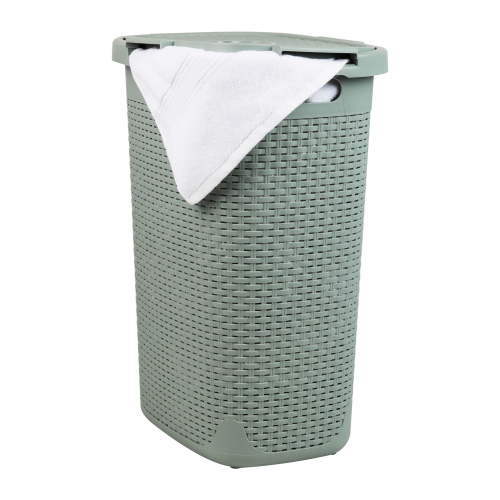 Free Shipping! Mind Reader Slim Laundry Hamper with Lid, Wicker Design, Plastic, Mint, 60L Capacity