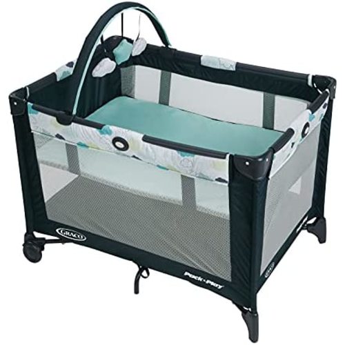 Graco Pack and Play On the Go Playard | Includes Full-Size Infant Bassinet, Push Button Compact Fold, Stratus , 39.5x28.25x29 Inch (Pack of 1)