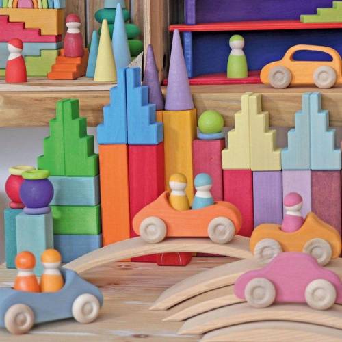 Grimm's Wooden Stepped Roofs Building Blocks Set - Pastel