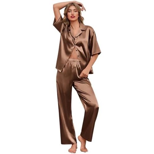 Ekouaer Silk Satin Pajamas Set Women Short Sleeve Pj Sets Button Down Sleepwear 2 Piece Soft Loungewear S-XXL