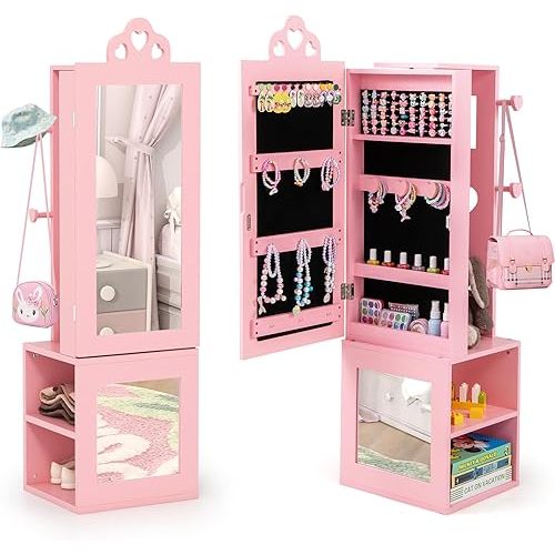 CHARMAID Kids Jewelry Cabinet Armoire, 47" Full Length Mirror, Coat Rack, Back Storage Shelves, Standing Vanity Dressing Mirror for Girls, Kids Jewelry Organizer (Pink)