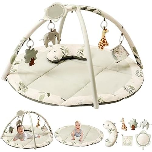 Fortella Baby Play Gym & Activity Mat, Tummy Time Mat w 5 Detachable Toys and Pillow, Large Sensory Playmat for Floor, Newborn Infant Baby Essentials Shower Gift 0-3-6-9-12 Months (Sage Green)