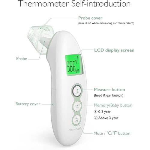 Momcozy Non-Contact Forehead and Ear Thermometer, Digital Infrared Thermometer for Adults and Children, with Child Mode, Fever Alarm Function, Mute and Memory Functions, Fast and Accurate Measurement