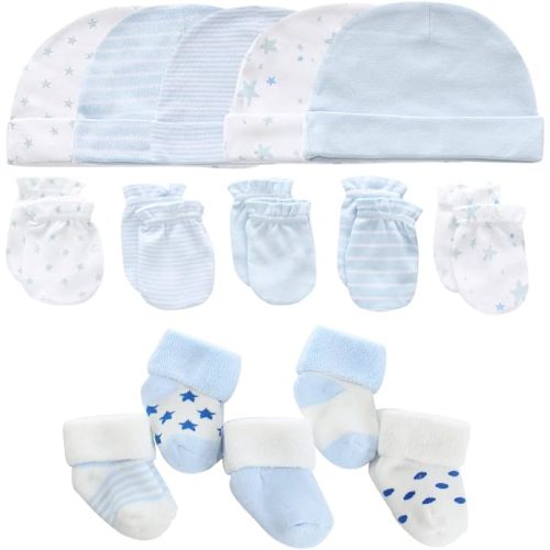 Baby Boys Caps Mittens and Thick Warm Socks Cotton Essentials: 0-6 Months