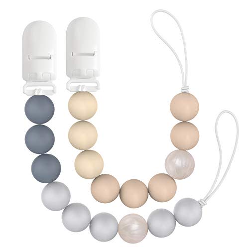 Pacifier Clip Soother for Baby Boys Girls, Silicone Pacifier Clip Holder 23cm Chewable Silicone Beads Teether Clips for Baby Boys and Girls, Set of 2 Paci Clips (Gray, Beige)