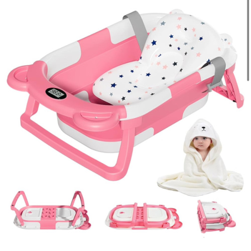 MoreFeel Collapsible Baby Bathtub for Newborn with Thermometer & 1 Hooded Towel & 1 Soft Floating Cushion,Portable Travel Bathtub with Drain Hole, Durable Foldable Baby Tubs for Infants to Toddler